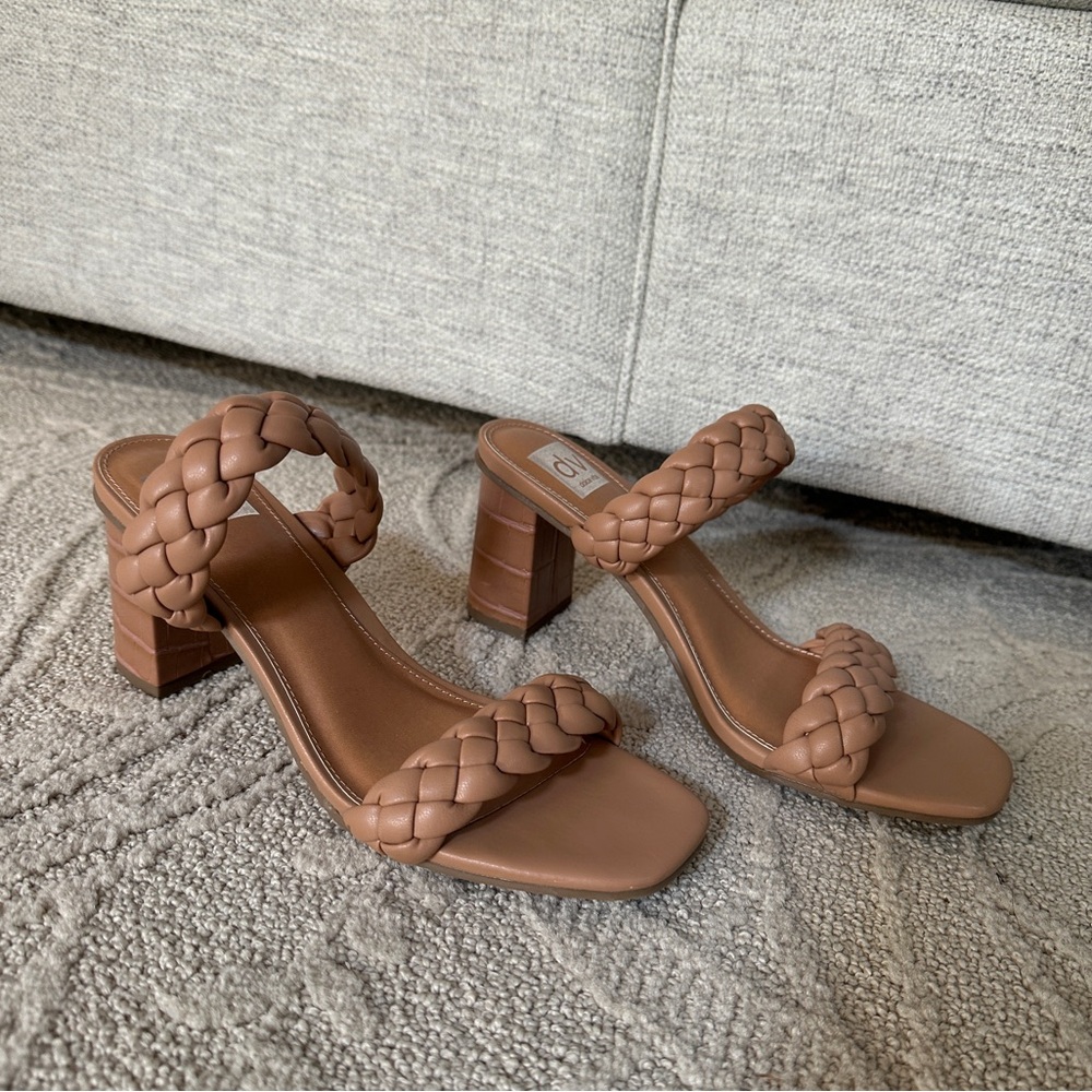 Dolce Vita Braided Tan Croc Print Strappy Block Heels - Picture 5 of 8